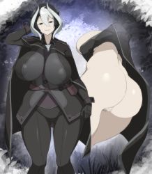 Rule 34 | 1girl, ass, black hair, breasts, cape, censored, covered erect nipples, highres, huge ass, huge breasts, made in abyss, multiple views, ozen, pale skin, pussy, short hair, sinensian, white hair