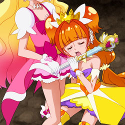 Rule 34 | 2girls, amanogawa kirara, bad id, bad pixiv id, bare shoulders, blonde hair, blush, bow, choker, cure flora, cure twinkle, closed eyes, gloves, go! princess precure, gradient hair, haruno haruka, highres, licking, long hair, magical girl, mont blanc (heartcatch ayaya), multicolored hair, multiple girls, open mouth, orange hair, pink bow, pink hair, precure, red hair, sexually suggestive, twintails, two-tone hair, waist bow, white gloves