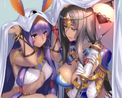 Rule 34 | 2girls, animal ears, arm wrap, armlet, armor, bed sheet, belly chain, black hair, blue armor, blush, bracelet, breastplate, breasts, bridal gauntlets, chain, circlet, cleavage, commentary request, dark-skinned female, dark skin, detached collar, earrings, egyptian, egyptian clothes, facepaint, facial mark, fate/grand order, fate (series), forehead jewel, green eyes, hairband, hands up, hoop earrings, jewelry, lantern, large breasts, long hair, looking at another, medium breasts, multiple girls, nitocris (fate), nitocris (fate/grand order), nitocris (swimsuit assassin) (fate), nitocris (swimsuit assassin) (second ascension) (fate), one-piece swimsuit, parted bangs, parted lips, pauldrons, piromizu, purple eyes, purple hair, rain, ring, scheherazade (fate), scroll, shoulder armor, sidelocks, smile, squatting, staff, swimsuit, usekh collar, very long hair, white one-piece swimsuit