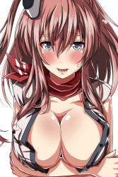 Rule 34 | 10s, 1girl, ar (lover boy), blue eyes, blush, breast hold, breast pocket, breasts, brown hair, cleavage, collarbone, hair between eyes, hair ornament, heart, heart-shaped pupils, highres, kantai collection, large breasts, long hair, looking at viewer, neckerchief, paizuri invitation, pocket, red neckerchief, saratoga (kancolle), seductive smile, short sleeves, side ponytail, sidelocks, smile, solo, sweat, symbol-shaped pupils, upper body