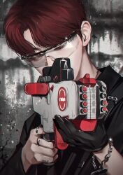 Rule 34 | 1boy, aiming, artist name, black shirt, bracelet, choi soo-bin, finger on trigger, gloves, grey eyes, gun, hair behind ear, highres, hoki11, holding, holding gun, holding weapon, jewelry, k-pop, looking to the side, male focus, multiple rings, parted bangs, real life, red hair, ring, safety glasses, scope, shirt, single glove, solo, tomorrow x together, weapon