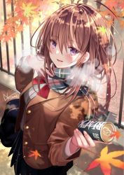Rule 34 | 1girl, autumn, autumn leaves, bag, black scarf, black skirt, blue bag, blush, boss coffee, bow, bowtie, breasts, brown hair, brown jacket, can, canned coffee, commentary request, drink can, earrings, falling leaves, fence, hair between eyes, highres, holding, holding bag, holding can, incoming drink, iron fence, jacket, jewelry, leaf, light particles, long hair, long sleeves, looking at viewer, maple leaf, medium breasts, nozomi fuuten, open clothes, open jacket, original, outdoors, parted lips, plaid, plaid scarf, purple eyes, red bow, red bowtie, scarf, school bag, school uniform, shirt, signature, skirt, solo, white shirt