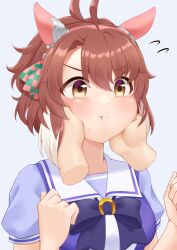 Rule 34 | 1girl, ahoge, animal ears, breasts, brown eyes, brown hair, clenched hands, closed mouth, dantsu flame (umamusume), hand on another&#039;s cheek, hand on another&#039;s face, highres, horse ears, horse girl, looking at viewer, medium breasts, medium hair, naka ushiro, portrait, pout, ribbon, school uniform, simple background, solo, squishing, tracen school uniform, umamusume, white background