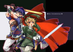 Rule 34 | 2girls, blonde hair, blue eyes, blue hair, boots, breasts, cape, cleavage, cleavage cutout, clothing cutout, earrings, fingerless gloves, fire emblem, fire emblem: path of radiance, gender request, genderswap, gloves, hat, headband, holding, holding sword, holding weapon, hylian shield, ike (fire emblem), jewelry, large breasts, link, master sword, multiple girls, nintendo, open mouth, pointy ears, ragnell, shield, short hair, super smash bros., sword, the legend of zelda, the legend of zelda: twilight princess, weapon, yajiro masaru