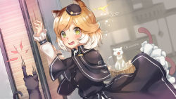 Rule 34 | 1girl, animal ears, arknights, blonde hair, blush, buttons, capelet, cat, cat ears, cat girl, commentary request, dress, dress shirt, frilled skirt, frills, green eyes, hat, hellnyaa, highres, indoors, long sleeves, looking to the side, mini hat, mousse (arknights), multicolored hair, multiple tails, scratching, scratching post, shirt, skirt, solo, surprised, tail, thighhighs, translation request, two tails