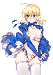 Rule 34 | 1girl, absurdres, artoria pendragon (all), artoria pendragon (fate), blonde hair, blush, breasts, covered erect nipples, fate/stay night, fate (series), gluteal fold, green eyes, highres, navel, niko (tama), open mouth, pubic tattoo, puffy sleeves, saber (fate), sleeves past wrists, small breasts, solo, tattoo, tears, thighhighs, white thighhighs