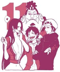 Rule 34 | 1girl, 3boys, artist request, blush, boa hancock, breasts, cleavage, closed eyes, coat, crop top, earrings, facial hair, fish boy, fur hat, goatee, hand tattoo, happy, hat, jewelry, jinbe (one piece), large breasts, long hair, long sleeves, looking at another, midriff, monkey d. luffy, multiple boys, navel, one piece, open clothes, open shirt, short hair, smile, snake earrings, straw hat, sweatdrop, tattoo, trafalgar law, tusks, very long hair