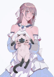 Rule 34 | 1girl, absurdres, animal, b9 (rrrqqq), blue eyes, braid, breasts, brown hair, cat, detached sleeves, dress, earrings, highres, holding, holding animal, holding cat, jewelry, large breasts, looking at viewer, mole, mole on neck, original, pink eyes, siamese cat, simple background, solo, standing, stud earrings
