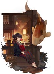 Rule 34 | 1girl, animal, architecture, artist request, azur lane, barefoot, black hair, east asian architecture, from side, hair bun, highres, japanese clothes, kimono, lantern, looking at viewer, official alternate costume, official art, oversized animal, red eyes, single hair bun, sitting, transparent background, wide sleeves, yukata, z2 georg thiele (azur lane), z2 georg thiele (of koi and evening hues) (azur lane)