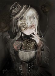 Rule 34 | 1girl, clockwork, cross-laced clothes, facial tattoo, gears, goth fashion, gothic wa mahou otome, hand on own cheek, hand on own face, highres, lolita fashion, looking at viewer, night-vision device, red eyes, rosalie (gothic wa mahou otome), solo, steampunk, tattoo, upper body, white hair, yae (mono110)