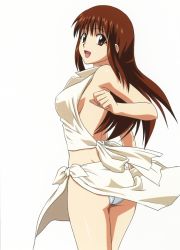 Rule 34 | 1990s (style), 1girl, absurdres, ass, back, bare shoulders, brown eyes, brown hair, clenched hand, covered erect nipples, cowboy shot, doi shizuha, gradient background, highres, long hair, looking at viewer, looking back, no bra, official art, open mouth, page number, panties, pantyshot, photoshop (medium), retro artstyle, shirt, skirt, solo, standing, stratos 4, tied shirt, underwear, white panties, yamauchi noriyasu