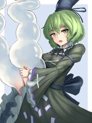 Rule 34 | 1girl, blue background, blue headwear, border, dress, green dress, green eyes, green hair, green nails, highres, long sleeves, looking at viewer, open mouth, pygrenix, short hair, soga no tojiko, solo, touhou, white border