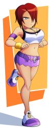 Rule 34 | 1girl, annoyed, belt, blue eyes, breasts, cleavage, hair over one eye, highres, kairi (kingdom hearts), kingdom hearts, large breasts, midriff, miniskirt, navel, no socks, pantyhose, ravenravenraven, red hair, shirt, shoes, short hair, skirt, sneakers, solo, tight clothes, tight shirt, unbuckled