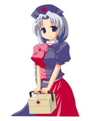 Rule 34 | 1girl, akase rai, blue eyes, blue skirt, braid, breasts, female focus, first aid, first aid kit, hat, large breasts, looking at viewer, nurse cap, puffy short sleeves, puffy sleeves, red skirt, short sleeves, simple background, single braid, skirt, solo, standing, touhou, white background, white hair, yagokoro eirin