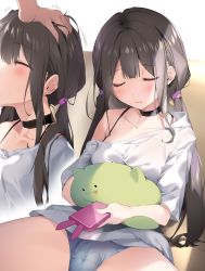 Rule 34 | 1boy, 1girl, black choker, black hair, blue panties, blunt bangs, blush, breasts, brother and sister, cameltoe, cellphone, choker, closed eyes, collarbone, commentary request, couch, drooling, hair ornament, hair tie, halterneck, hand on another&#039;s head, hetero, highres, holding, holding phone, holding stuffed toy, implied fellatio, incest, karory, long hair, low twintails, multiple views, off-shoulder shirt, off shoulder, on couch, open mouth, original, out-of-frame censoring, panties, pantyshot, phone, saliva, shirt, short sleeves, siblings, sitting, sleeping, sleeping upright, small breasts, smartphone, spread legs, stuffed animal, stuffed toy, twintails, underwear, upskirt, white shirt