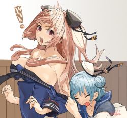 Rule 34 | !, 2girls, assisted exposure, black sailor collar, blue hair, blue sailor collar, blue shirt, blush, breasts, brown eyes, collarbone, dixie cup hat, double bun, closed eyes, fuwafuwatoufu, hair bun, hat, highres, johnston (kancolle), kantai collection, large breasts, light brown hair, long hair, long sleeves, military hat, multiple girls, off-shoulder shirt, off shoulder, one-hour drawing challenge, open mouth, sailor collar, sailor shirt, samuel b. roberts (kancolle), school uniform, serafuku, shirt, short hair, signature, two side up, upper body, white headwear