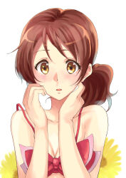Rule 34 | 1girl, :o, absurdres, bare shoulders, bikini, blush, breasts, brown eyes, brown hair, cleavage, collarbone, flower, hands on own face, hands up, hibike! euphonium, highres, looking at viewer, medium breasts, mou (piooooon), oumae kumiko, parted lips, pink bikini, ponytail, short hair, simple background, small breasts, solo, sunflower, swimsuit, white background