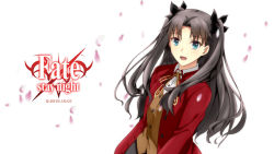 Rule 34 | 1girl, 2016, :d, black ribbon, blue eyes, brown hair, character name, dated, fate (series), hair ribbon, long hair, looking at viewer, neck ribbon, open mouth, red ribbon, ribbon, simple background, smile, solo, standing, tohsaka rin, twintails, two side up, very long hair, white background