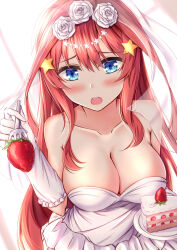 Rule 34 | 1girl, bare shoulders, blue eyes, blush, breasts, bridal veil, cake, cake slice, cleavage, collarbone, commentary, dress, elbow gloves, flower, food, fork, fruit, gloves, go-toubun no hanayome, hair between eyes, hair flower, hair ornament, holding, holding fork, holding plate, incoming food, large breasts, long hair, looking at viewer, muwa12, nakano itsuki, open mouth, plate, red hair, rose, simple background, star (symbol), star hair ornament, strapless, strapless dress, strawberry, veil, wedding dress, white dress, white flower, white gloves, white rose