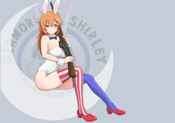 Rule 34 | 1girl, absurdres, american flag legwear, animal ears, blue bow, blue bowtie, blue eyes, blush, bow, bowtie, breasts, brown hair, character name, charlotte e. yeager, cleavage, closed mouth, fake animal ears, gun, highres, khaid shiden, large breasts, leotard, long hair, looking at viewer, playboy bunny, rabbit ears, rifle, solo, strike witches, thighhighs, weapon, white leotard, world witches series