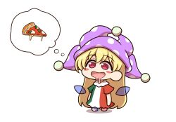 Rule 34 | 1girl, blonde hair, blush stickers, chibi, clownpiece, commentary, detached wings, drooling, fairy wings, food, hat, highres, italian flag print, jester cap, long hair, neck ruff, open mouth, pizza, pizza slice, polka dot headwear, red eyes, shitacemayo, smile, solo, thought bubble, touhou, wings