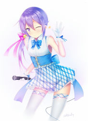 Rule 34 | 1girl, ;), akebono (kancolle), bad id, bad pixiv id, bare shoulders, bell, blue bow, blue skirt, blush, bow, closed mouth, commentary request, cross-laced clothes, gloves, gradient background, grey background, hair bell, hair between eyes, hair bow, hair ornament, hand up, holding, holding microphone, jingle bell, kantai collection, long hair, microphone, one eye closed, pink bow, plaid, plaid bow, plaid skirt, pleated skirt, puririn, purple eyes, purple hair, shirt, side ponytail, skirt, sleeveless, sleeveless shirt, smile, solo, star (symbol), thighhighs, thighs, twitter username, underbust, very long hair, white background, white gloves, white shirt, white thighhighs