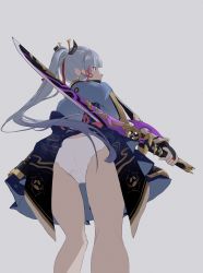 Rule 34 | 1girl, absurdres, armor, armored dress, artist request, ass, ayaka (genshin impact), cameltoe, dress, from behind, from below, genshin impact, grey eyes, hair ornament, highres, japanese clothes, katana, long hair, panties, ponytail, reverse grip, silver hair, solo, sword, underwear, upskirt, weapon, white panties