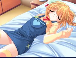 Rule 34 | 1girl, bed, blonde hair, blush, downhill night, emily (pure dream), closed eyes, game cg, kotosato yuuna, lying, pillow, top (company), twintails