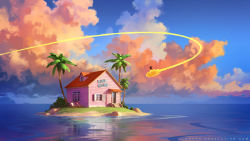 Rule 34 | 1boy, black hair, blue sky, chair, cloud, cloudy sky, coconut tree, commentary, dragon ball, facing away, floating, flying, flying nimbus, folding chair, from behind, grass, house, island, kame house, key visual, looking away, ocean, official art, outdoors, palm tree, promotional art, reflection, rock, sitting, sky, solo, son goku, spiked hair, stairs, sylvain sarrailh, tagme, tree, twilight, water, watermark, weather vane, web address, window