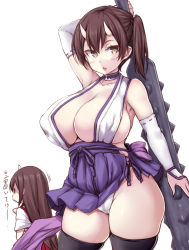 Rule 34 | 10s, 2girls, akagi (kancolle), black legwear, blue skirt, blush, breasts, brown hair, cleavage, club, club (weapon), collar, collarbone, commentary request, cowboy shot, fang, highres, horns, jema, kaga (kancolle), kanabou, kantai collection, large breasts, long hair, looking at viewer, multiple girls, oni horns, panties, setsubun, side ponytail, skirt, standing, thighhighs, underwear, weapon, white panties, yellow eyes