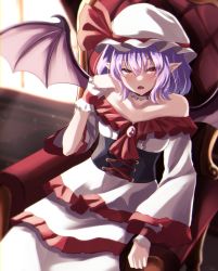 Rule 34 | 1girl, bat wings, cross-laced footwear, dress, fang, hat, hat ribbon, highres, indoors, light rays, long sleeves, looking at viewer, mob cap, off-shoulder dress, off shoulder, open mouth, pointy ears, purple hair, red eyes, red ribbon, remilia scarlet, ribbon, shiranui (wasuresateraito), short hair, sitting, solo, touhou, white hat, window, wings, wrist cuffs