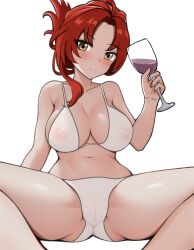 Rule 34 | 1girl, alcohol, arzareia, bed, bra, breasts, cameltoe, cleft of venus, closed mouth, cup, drinking glass, highres, holding, holding cup, honkai (series), honkai impact 3rd, large breasts, looking at viewer, murata himeko, navel, panties, red hair, simple background, sitting, smile, solo, spread legs, underwear, white background, white bra, white panties, window, wine, wine glass, yellow eyes