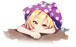 Rule 34 | 1girl, bare arms, blonde hair, clownpiece, commentary request, hat, head tilt, jester cap, leaning forward, looking at viewer, polka dot, purple hat, red eyes, smile, solo, table, touhou, upper body, white background, z.o.b