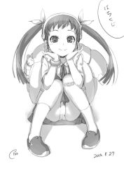 Rule 34 | 1girl, backpack, bag, bandaid, bandaid on knee, bandaid on leg, character name, dated, full body, greyscale, hachikuji mayoi, hairband, hands on own face, head rest, knees together feet apart, knees up, long hair, looking at viewer, monochrome, monogatari (series), panties, pantyshot, piro (artist), piro (orip), ribbon, signature, simple background, sitting, smile, solo, twintails, underwear, white background