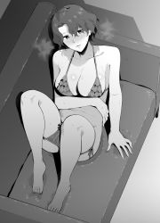 Rule 34 | 1girl, absurdres, antenna hair, bikini, bikini bottom pull, blush, breasts, commentary request, couch, curly hair, from above, greyscale, highres, humiyou, idolmaster, idolmaster million live!, knees up, large breasts, looking at viewer, micro bikini, monochrome, short hair, sitting, solo, steaming body, string bikini, sweat, swimsuit, toyokawa fuka