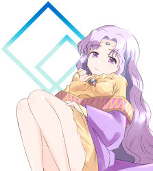 Rule 34 | 1girl, bare legs, bridal gauntlets, circlet, dress, expressionless, fermelle, fire emblem, fire emblem: thracia 776, highres, light purple hair, long hair, long sleeves, looking at viewer, lying, nintendo, purple eyes, sara (fire emblem), simple background, sitting, solo, very long hair, white background, yellow dress