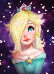 Rule 34 | 1girl, aqua dress, arms at sides, artist name, bare shoulders, blonde hair, blue eyes, commentary, covered eyes, crown, dress, earrings, english commentary, hair over one eye, highres, jewelry, looking up, mario (series), nintendo, off-shoulder dress, off shoulder, rosalina, solo, star (symbol), star earrings, super mario galaxy, yanting sun
