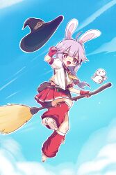 Rule 34 | 1girl, :d, absurdres, ahoge, animal ears, barefoot, belt, black hat, blue sky, broom, broom riding, chinese commentary, cloud, commentary request, fang, fingerless gloves, full body, gloves, hat, highres, kuma-bound, long hair, open mouth, original, pouch, purple hair, rabbit ears, rabbit girl, red eyes, red gloves, red leg warmers, red skirt, skin fang, skirt, sky, smile, soles, solo, toes, unworn hat, unworn headwear, vial, witch hat