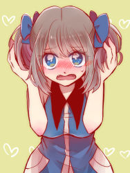 Rule 34 | 1girl, armpits, bare shoulders, blue bow, blue eyes, blue ribbon, blue shirt, blush, bow, brown hair, child, collared shirt, creatures (company), embarrassed, fangs, female focus, game freak, gen 3 pokemon, hands on own head, heart, looking at viewer, may (pokemon), medium hair, neck, nintendo, open mouth, pokemon, pokemon adventures, print shirt, ribbon, shirt, short twintails, shunnosuke, simple background, sleeveless, sleeveless shirt, solo, sweat, sweatdrop, twintails, yellow background