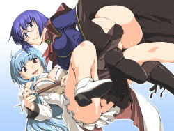 Rule 34 | 2girls, amelia (quiz magic academy), ass, blue eyes, blue hair, boots, breasts, brown eyes, cleavage, cross-laced footwear, dress, hairband, jon shicchiou, lace-up boots, large breasts, long hair, looking back, multiple girls, no panties, quiz magic academy, satsuki (quiz magic academy), short hair, smile, thighhighs