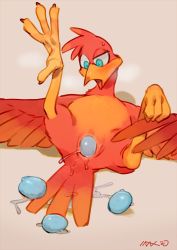 Rule 34 | 1girl, aqua eyes, artist name, banjo-kazooie, beak, bebebe, beige background, bird, bird tail, blush, breath, claws, egg, egg laying, female focus, furry, furry female, half-closed eye, highres, kazooie (banjo-kazooie), legs up, looking down, lying, on back, open mouth, pussy, pussy juice, signature, simple background, solo, spread legs, sweat, tail, uneven eyes, wings