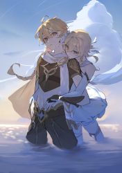 Rule 34 | 1boy, 1girl, aether (genshin impact), ahoge, bare shoulders, belt, black pants, blue sky, braid, braided ponytail, brother and sister, cloud, cloudy sky, dress, earrings, flower, genshin impact, hair flower, hair ornament, half-closed eyes, highres, holding hands, incest, jewelry, lumine (genshin impact), midriff, navel, ocean, pants, parted lips, partially submerged, poscorn617, scarf, short sleeves, siblings, sky, standing, thighhighs, water, white dress, white thighhighs