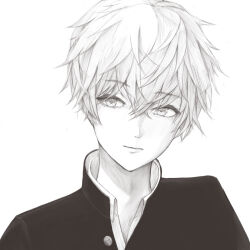 Rule 34 | 1boy, absurdres, buttons, closed mouth, collared shirt, commentary, english commentary, expressionless, gakuran, greyscale, hair between eyes, haruhachiya, highres, looking to the side, male focus, monochrome, open collar, original, portrait, school uniform, shirt, short hair, simple background, solo, white background