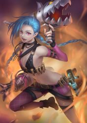 Rule 34 | 1girl, belt, belt skirt, bikini, bikini top only, boots, braid, fingerless gloves, flat chest, gloves, jewelry, jinx (league of legends), league of legends, long hair, navel, necklace, over shoulder, pale skin, purple eyes, single thighhigh, swimsuit, tattoo, thighhighs, twin braids, very long hair, weapon, weapon over shoulder
