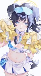 Rule 34 | animal ears, artist request, black hair, blue archive, blue eyes, blush, breasts, cheerleader, dog ears, dog girl, dog tail, eyewear on head, facial mark, goggles, goggles on head, hair ornament, halo, hibiki (blue archive), hibiki (cheer squad) (blue archive), highres, holding, holding pom poms, large breasts, long hair, looking at viewer, millennium cheerleader outfit (blue archive), official alternate costume, open mouth, pom pom (cheerleading), pom poms, simple background, skirt, solo, star (symbol), star facial mark, star sticker, sticker on face, tail, text print, white skirt, yellow halo