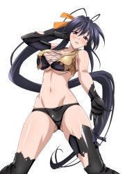 Rule 34 | 10s, 1girl, absurdres, arm up, black footwear, black gloves, black hair, black thighhighs, boots, breasts, cleavage, cross-laced footwear, elbow gloves, full body, gloves, groin, high ponytail, high school dxd, highres, himejima akeno, lace-up boots, large breasts, long hair, looking at viewer, navel, official art, pink eyes, ponytail, purple eyes, simple background, smile, solo, thigh boots, thighhighs, torn clothes, torn gloves, underboob, very long hair, white background