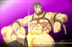 Rule 34 | 1boy, abs, bara, bare pectorals, blush, brown hair, bulge, chain, chest harness, collar, cross scar, cuffs, facial hair, flaming eye, gluteal fold, goatee, handcuffs, harness, heracles (housamo), kill la kill, kito (clamp5656), large pectorals, loincloth, long sideburns, looking at viewer, male focus, metal collar, muscular, muscular male, navel, nipples, pectorals, revealing clothes, scar, short hair, sideburns, solo, sparkle, spread legs, thick thighs, thighs, tokyo houkago summoners
