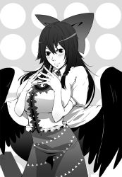 Rule 34 | 1girl, black wings, blush, bow, breasts, buttons, cape, closed mouth, collared shirt, commentary request, cowboy shot, frilled shirt collar, frills, greyscale, hair between eyes, hair bow, huge breasts, long hair, looking at viewer, minami koyogi, monochrome, puffy short sleeves, puffy sleeves, reiuji utsuho, shirt, short sleeves, skirt, smile, solo, steepled fingers, third eye, touhou, wings