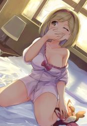 Rule 34 | 10s, 1girl, absurdres, akame (akamiru), bad id, bad pixiv id, bare shoulders, blonde hair, blush, bob cut, bow, breasts, buttons, cleavage, collarbone, covering own mouth, desk lamp, djeeta (granblue fantasy), dutch angle, frills, gluteal fold, granblue fantasy, hairband, hand over own mouth, highres, indoors, lamp, looking away, looking to the side, messy hair, morning, no pants, off shoulder, on bed, one eye closed, panties, pink bow, shirt, short hair, sitting, solo, stuffed toy, tears, twitter username, underwear, vyrn (granblue fantasy), white panties, white shirt, window, yawning, yellow eyes