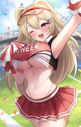 Rule 34 | 1girl, :d, blonde hair, blush, breasts, clay (nikke), crop top, day, goddess of victory: nikke, hair intakes, hair ornament, hairclip, large breasts, long hair, looking at viewer, navel, onabe no shime, one eye closed, open mouth, pink eyes, red shirt, red skirt, shirt, side ponytail, skirt, smile, solo, stadium, two-tone shirt, two-tone skirt, underboob, visor cap, white shirt, white skirt